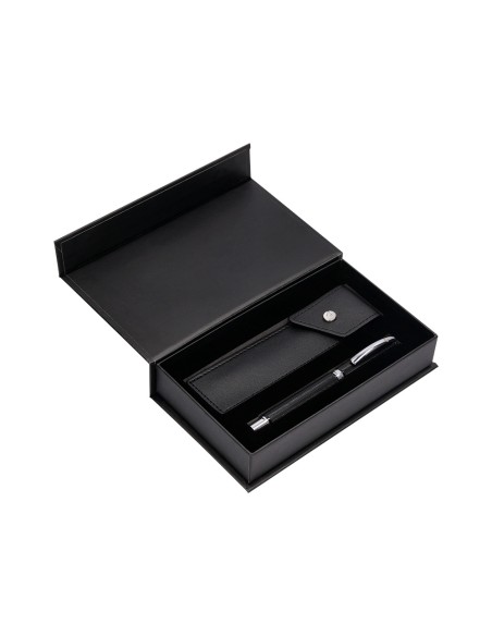 Roller y estuche belius turbo aluminio textura punteada negro plateado tinta azul caja de diseño