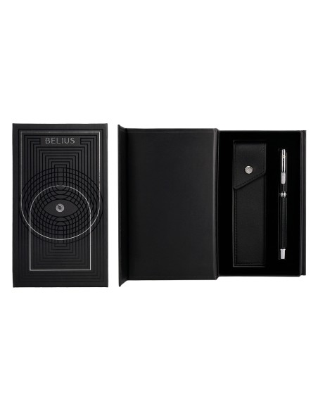 Roller y estuche belius turbo aluminio textura punteada negro plateado tinta azul caja de diseño