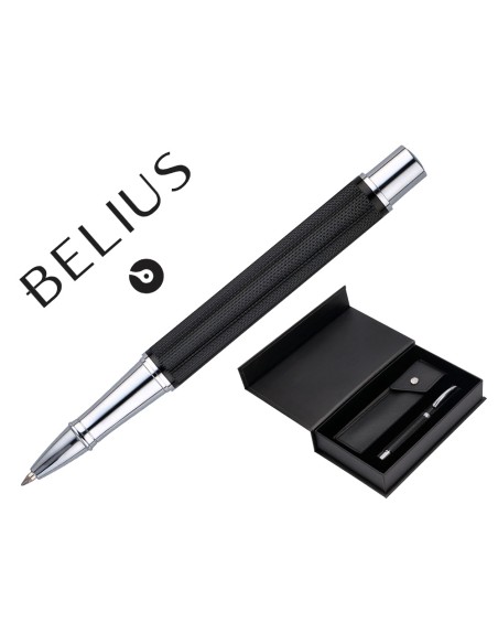 Roller y estuche belius turbo aluminio textura punteada negro plateado tinta azul caja de diseño