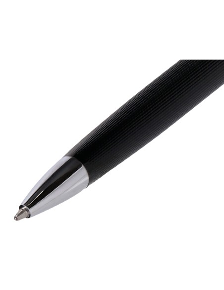 Boligrafo y estuche belius turbo aluminio textura punteada negro y plateado tinta azul caja de diseño