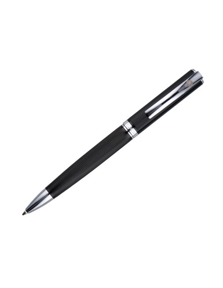 Boligrafo y estuche belius turbo aluminio textura punteada negro y plateado tinta azul caja de diseño