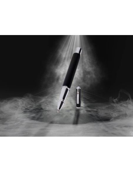 Boligrafo y estuche belius turbo aluminio textura punteada negro y plateado tinta azul caja de diseño