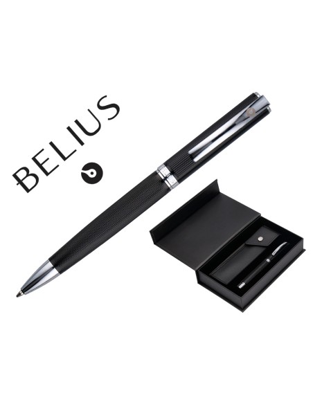 Boligrafo y estuche belius turbo aluminio textura punteada negro y plateado tinta azul caja de diseño