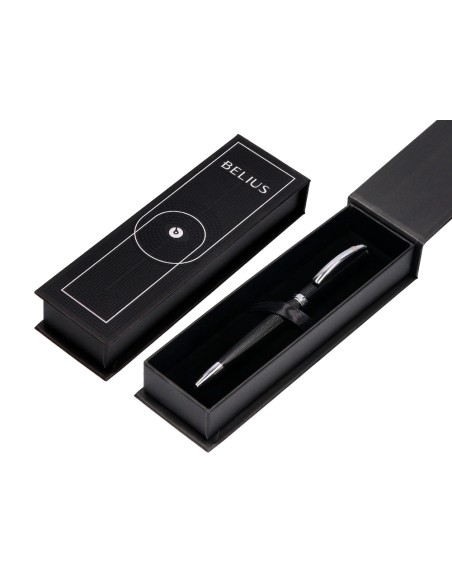 Roller belius turbo aluminio textura punteada color negro y plateado tinta azul caja de diseño