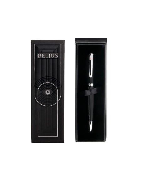 Roller belius turbo aluminio textura punteada color negro y plateado tinta azul caja de diseño