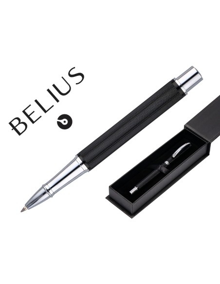 Roller belius turbo aluminio textura punteada color negro y plateado tinta azul caja de diseño