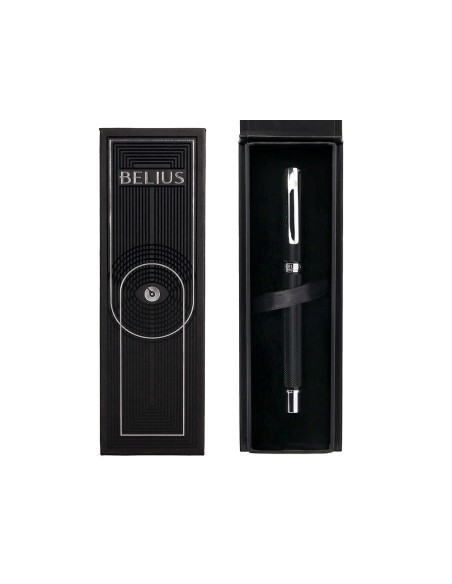 Boligrafo belius turbo aluminio textura punteada color negro y plateado tinta azul caja de diseño