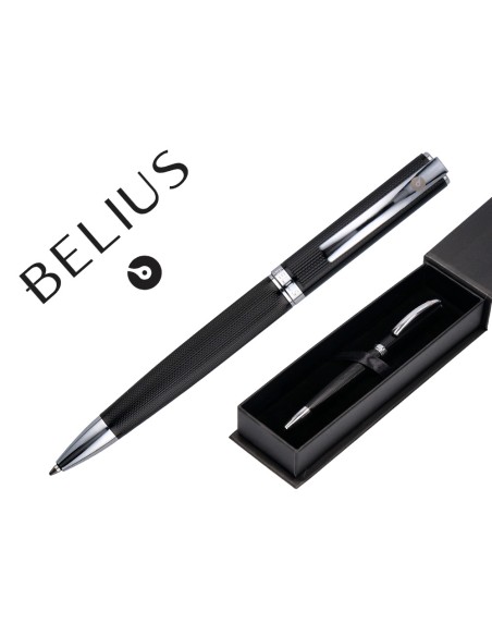 Boligrafo belius turbo aluminio textura punteada color negro y plateado tinta azul caja de diseño
