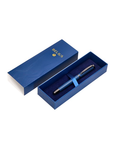 Boligrafo belius neptuno aluminio textura wavy color azul marino tinta azul caja de diseño