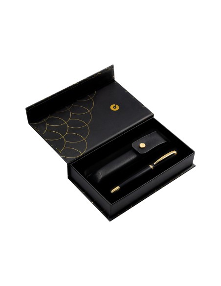 Boligrafo y estuche belius passion dor aluminio textura cepillada color negro y dorado tinta azul caja diseño