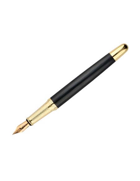 Pluma y estuche cuero belius passion dor aluminio textura cepillada color negro y dorado tinta azul caja diseño