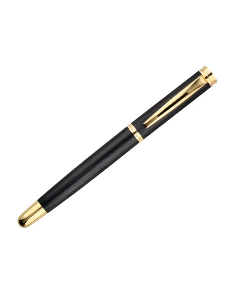 Pluma y estuche cuero belius passion dor aluminio textura cepillada color negro y dorado tinta azul caja diseño