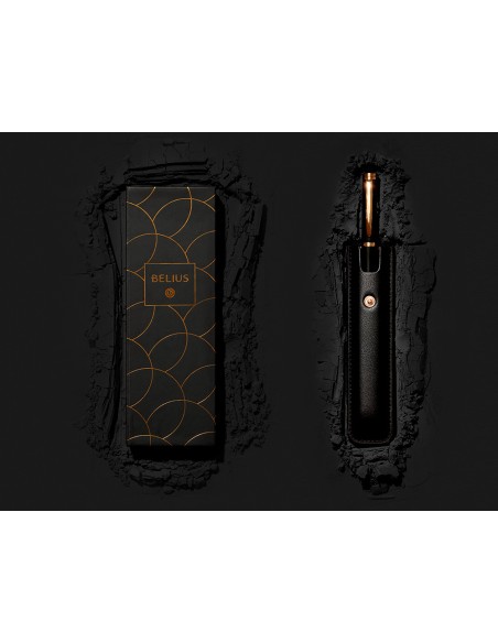 Pluma y estuche cuero belius passion dor aluminio textura cepillada color negro y dorado tinta azul caja diseño