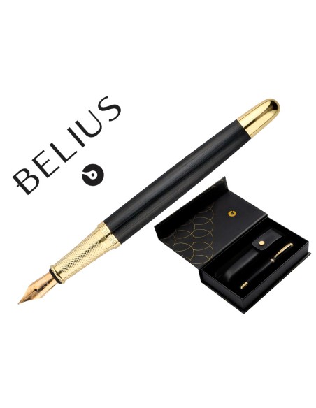 Pluma y estuche cuero belius passion dor aluminio textura cepillada color negro y dorado tinta azul caja diseño