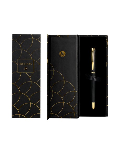Boligrafo belius passion dor aluminio textura cepillada color negro y dorado tinta azul caja de diseño