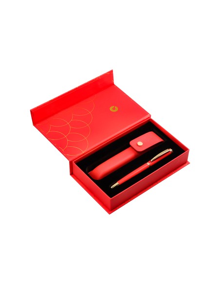 Boligrafo y estuche belius passion dor aluminio textura cepillada color rojo y dorado tinta azul caja de diseño