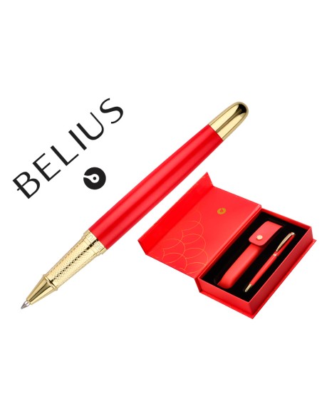Boligrafo y estuche belius passion dor aluminio textura cepillada color rojo y dorado tinta azul caja de diseño