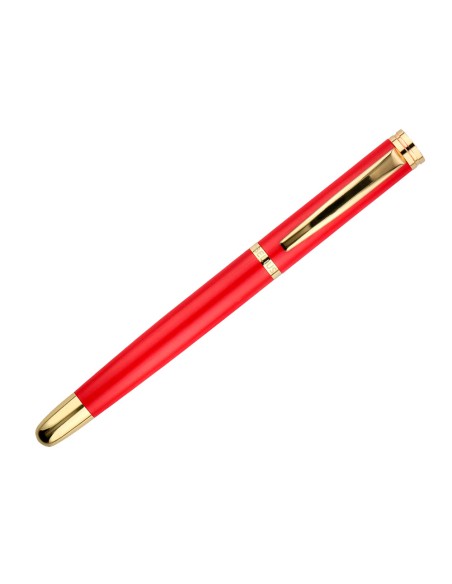 Pluma y estuche cuero belius passion dor aluminio textura cepillada color rojo y dorado tinta azul caja de diseño