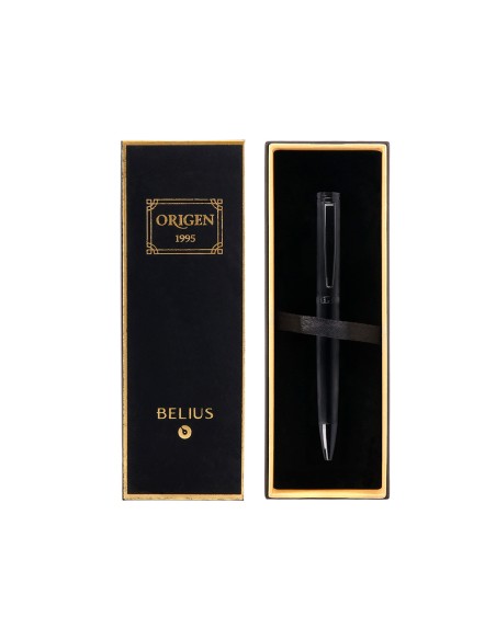 Boligrafo belius origen 1995 aluminio textura cepillada color negro tinta azul caja de diseño