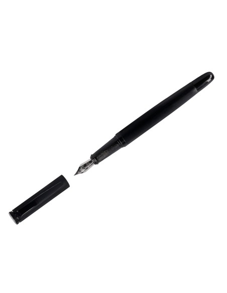 Pluma y frasco de tinta belius origen 1995 aluminio textura cepillada color negro tinta negra caja diseño