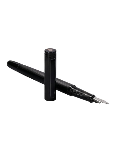 Pluma y frasco de tinta belius origen 1995 aluminio textura cepillada color negro tinta negra caja diseño