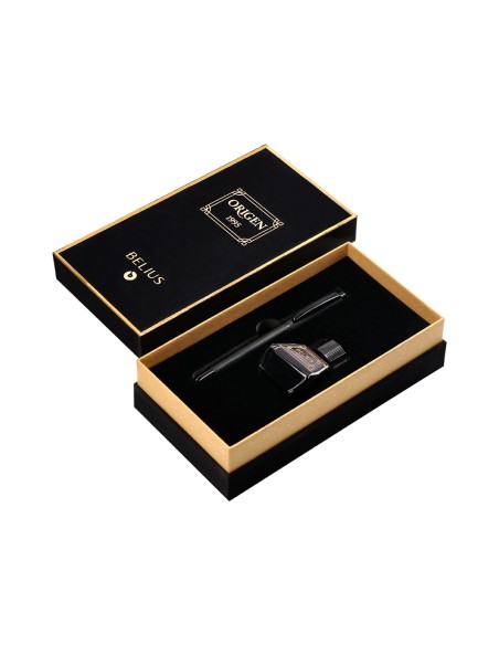 Pluma y frasco de tinta belius origen 1995 aluminio textura cepillada color negro tinta negra caja diseño