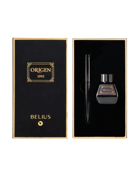 Pluma y frasco de tinta belius origen 1995 aluminio textura cepillada color negro tinta negra caja diseño