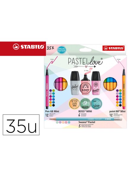 Set stabilo pastel love mini world pen 68 / point 88 / boss / swano 35 unidades surtidas