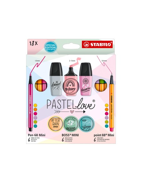 Set stabilo pastel love mini world pen 68 / point 88 / boss 18 unidades surtidas