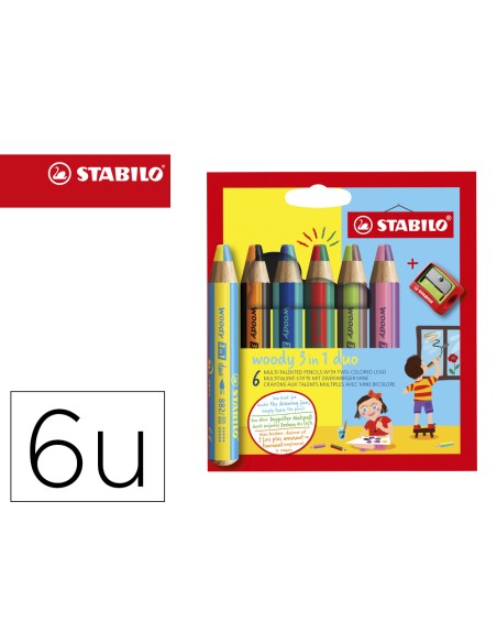 Lapices de colores stabilo woody 3 en 1 duo estuche de 6 colores surtidos