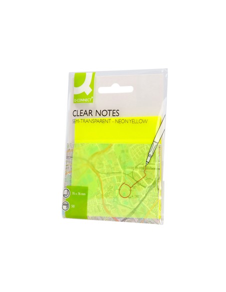 Bloc de notas adhesivas quita y pon q-connect 76x76 mm removible plastico translucido amarillo neon con 50 hojas
