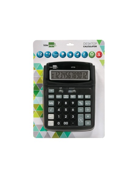 Calculadora liderpapel sobremesa xf39 12 digitos solar y pilas color negro 190x140x32 mm 40% reciclada