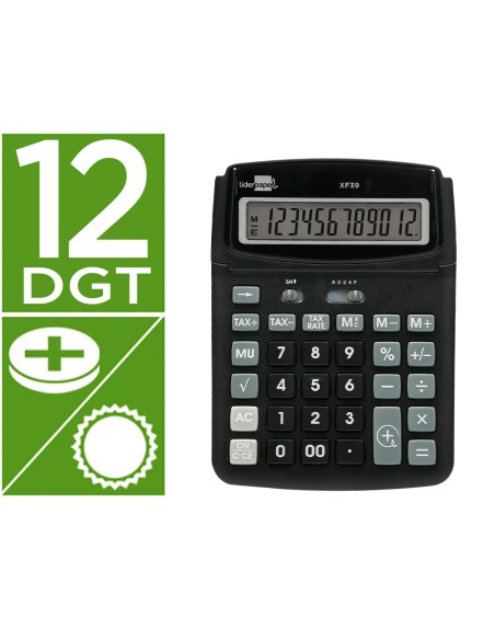 Calculadora liderpapel sobremesa xf39 12 digitos solar y pilas color negro 190x140x32 mm 40% reciclada