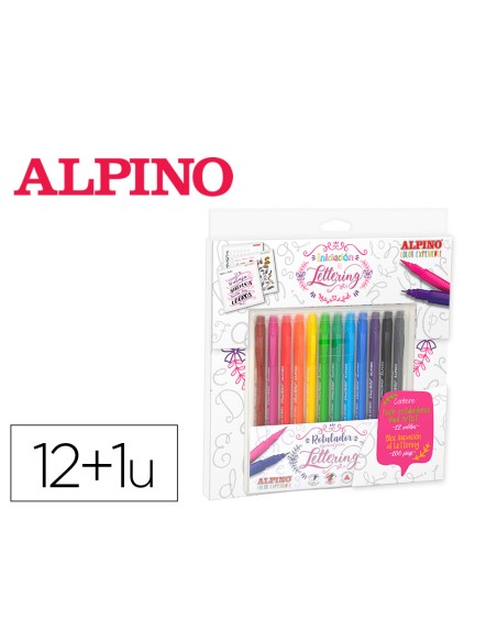 Set de dibujo alpino iniciacion al lettering 12 rotuladores punta fina y punta pincel colores surtidos