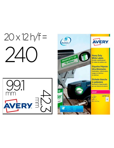 Etiqueta adhesiva resistente avery poliester blanco laser 99,1x42,3 mm caja de 240 unidades