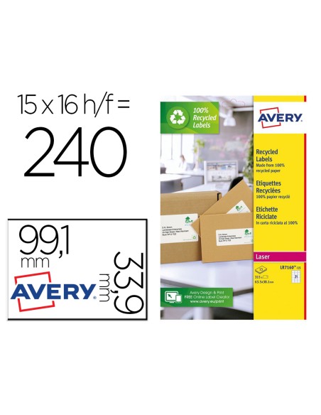 Etiqueta adhesiva avery blanca permanente reciclada 100% laser 99,1x33,9 mm caja de 240 unidades