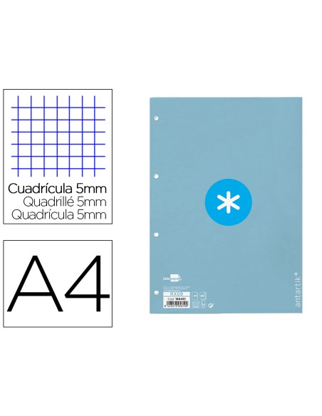 Recambio a4 antartik 80 hojas 90g/m2 cuadro 5mm 4 taladros 1 banda con marco color celeste