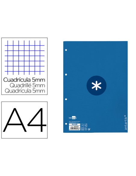 Recambio a4 antartik 80 hojas 90g/m2 cuadro 5mm 4 taladros 1 banda con marco color azul oscuro