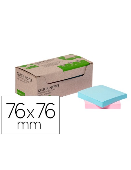 Bloc de notas adhesivas quita y pon q-connect 76x76 mm 100% papel reciclado colores pasteles en caja de carton
