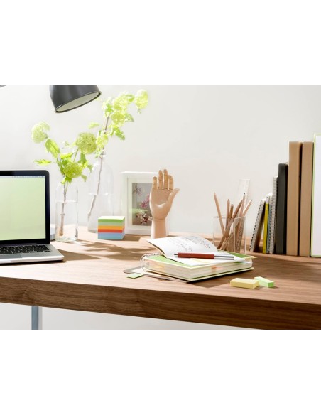 Bloc de notas adhesivas quita y pon q-connect 38x51 mm 100% papel reciclado amarillo en caja de carton