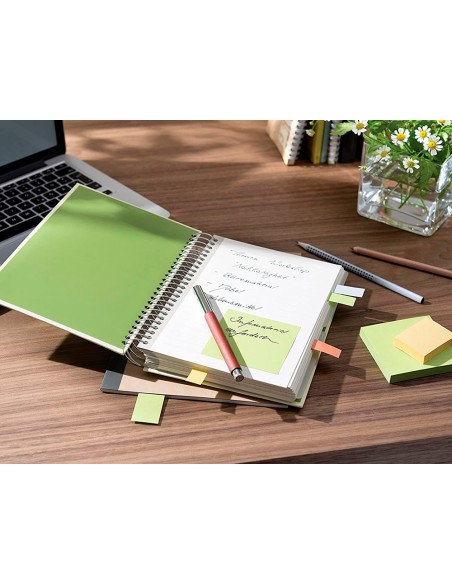 Bloc de notas adhesivas quita y pon q-connect 38x51 mm 100% papel reciclado amarillo en caja de carton