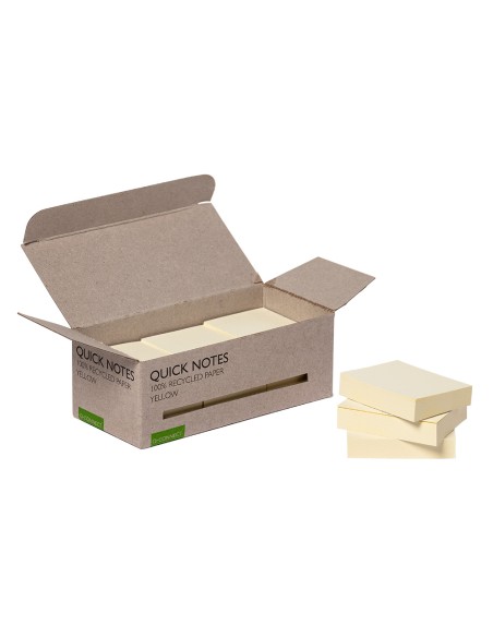 Bloc de notas adhesivas quita y pon q-connect 38x51 mm 100% papel reciclado amarillo en caja de carton