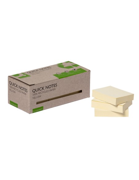 Bloc de notas adhesivas quita y pon q-connect 38x51 mm 100% papel reciclado amarillo en caja de carton