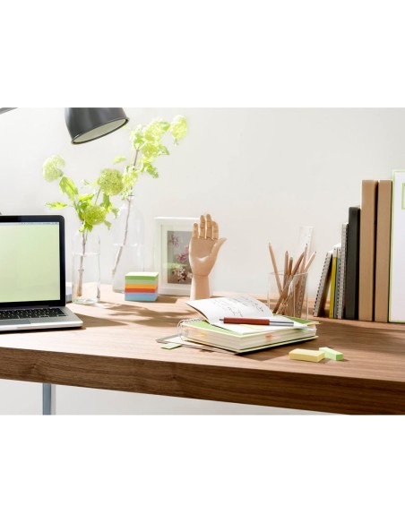 Bloc de notas adhesivas quita y pon q-connect 76x76 mm 100% papel reciclado amarillo en caja de carton