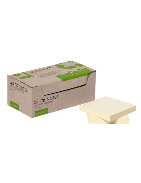 Bloc de notas adhesivas quita y pon q-connect 76x76 mm 100% papel reciclado amarillo en caja de carton