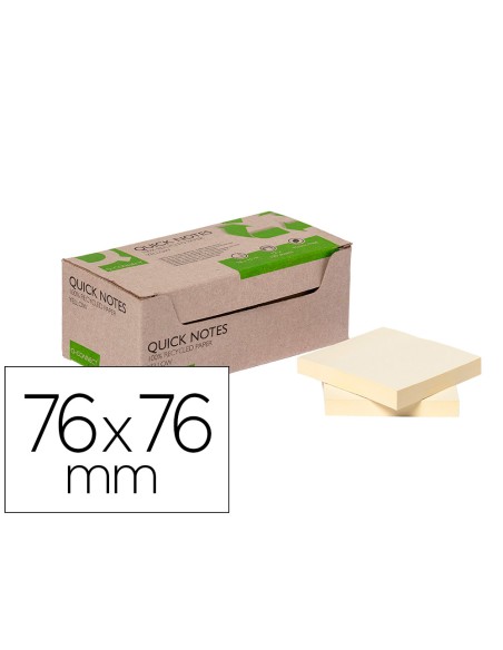 Bloc de notas adhesivas quita y pon q-connect 76x76 mm 100% papel reciclado amarillo en caja de carton