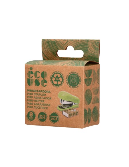 Grapadora liderpapel ecouse mini capacidad 12 hojas 100% plastico reciclado con caja de 1000 grapas 26/6