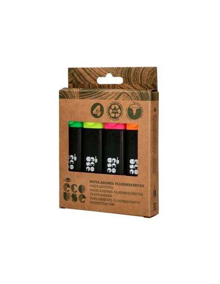 Rotulador liderpapel ecouse fluorescente fabricado con 68% plastico reciclado caja de 4 unidades colores surtidos