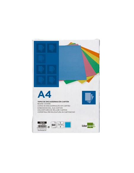 Tapa encuadernacion liderpapel carton a4 0,9mm azul fluor paquete de 50 unidades