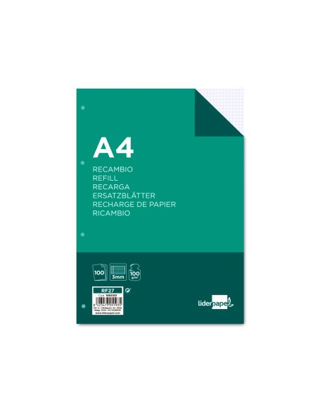 Recambio liderpapel a4 100 hojas 100g/m2 cuadro 3mm con margen 4 taladros